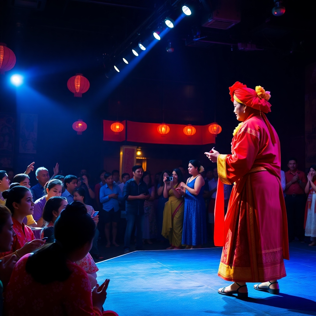 Create a vibrant image capturing a cultural night celebration featuring traditional performances and art displays. The venue should be filled with guests enjoying food, music, and interactions. Use lighting to create a dynamic, festive atmosphere, showcasing performers in traditional attire under spotlighting. The texture of costumes and rich colors should be easily visible, with red, yellow, and blue dominating the palette. The composition should draw attention toward the stage while showing the audience's engagement. This image should evoke a sense of community and joy.