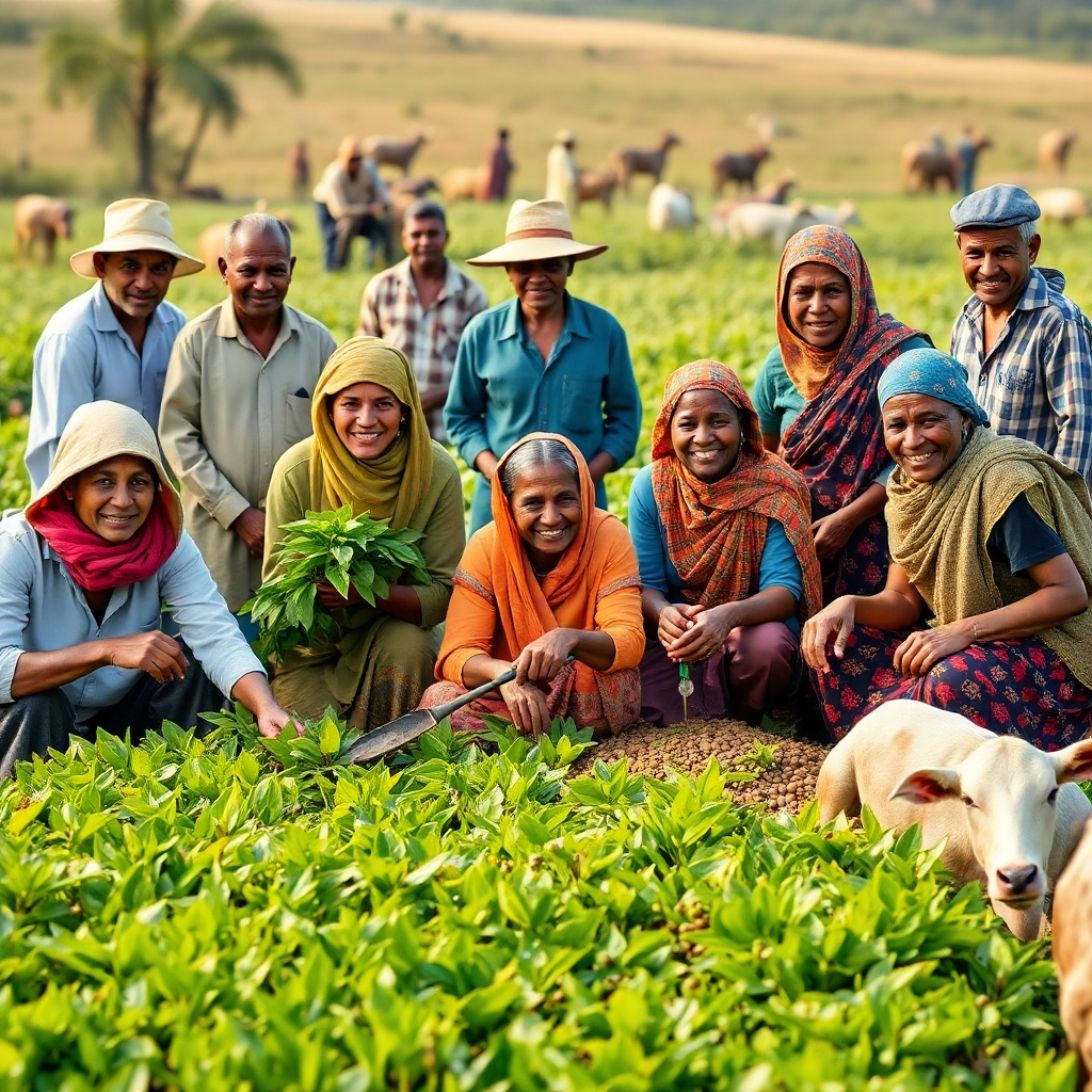 Create a warm and inviting image showcasing the heart of Safiias Farms. Depict a diverse group of people – farmers, agricultural experts, and community members – collaborating harmoniously in a field. The composition should feature a mix of activities: some tending to lush cash crops, others harvesting tea leaves or coffee beans, and others caring for livestock. The scene is bathed in soft, natural light, highlighting the connection between people, animals, and the land. Include details such as smiling faces, hand tools, and traditional farming attire. Style: A blend of documentary photography and idyllic pastoral scenes. Technical specifications: 4K resolution, high-quality rendering.