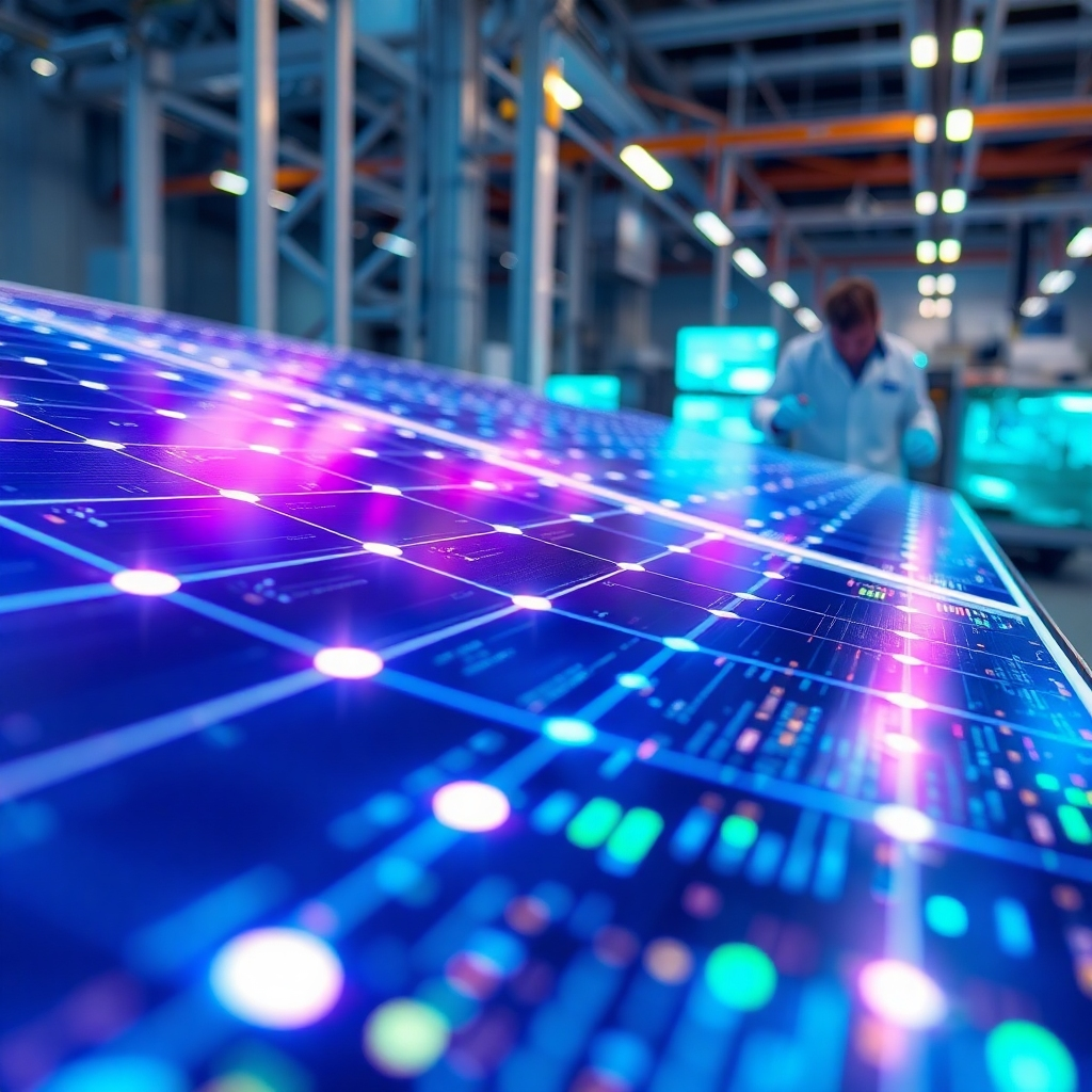 Create an image depicting a close-up view of advanced solar panels with glowing circuits and holographic displays. The scene should convey the cutting-edge technology and efficiency of modern solar energy. Use a color palette of blues, purples, and greens to evoke a sense of innovation and futuristic technology. The camera angle should be a macro shot, capturing the intricate details of the solar panels. Focus on the textures and reflective surfaces. Style reference: Technology showcase with a focus on clean energy. Environment includes a laboratory setting with scientists working on solar technology.