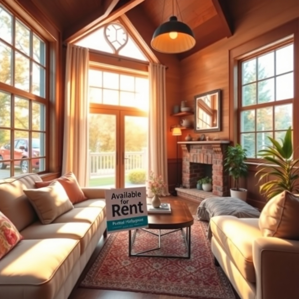 Create an image depicting a cozy, well-furnished rental property with a welcoming atmosphere. The lighting should be warm, with sunlight filtering through large windows, giving the space a homely feel. Include elements like 'Available for Rent' signage outside to indicate its availability. Aim for a detailed, visually appealing representation that connects with potential tenants.