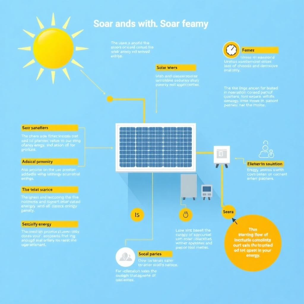 Create an image depicting a detailed diagram of a solar panel system, explaining how it converts sunlight into electricity. The diagram should be clear, informative, and visually appealing. Use a color palette of blues, yellows, and oranges to convey energy and clarity. The camera angle should be a top-down view, capturing the entire diagram. Focus on the different components and their functions. Style reference: Educational infographics with a focus on renewable energy. Environment includes a clean, modern background.