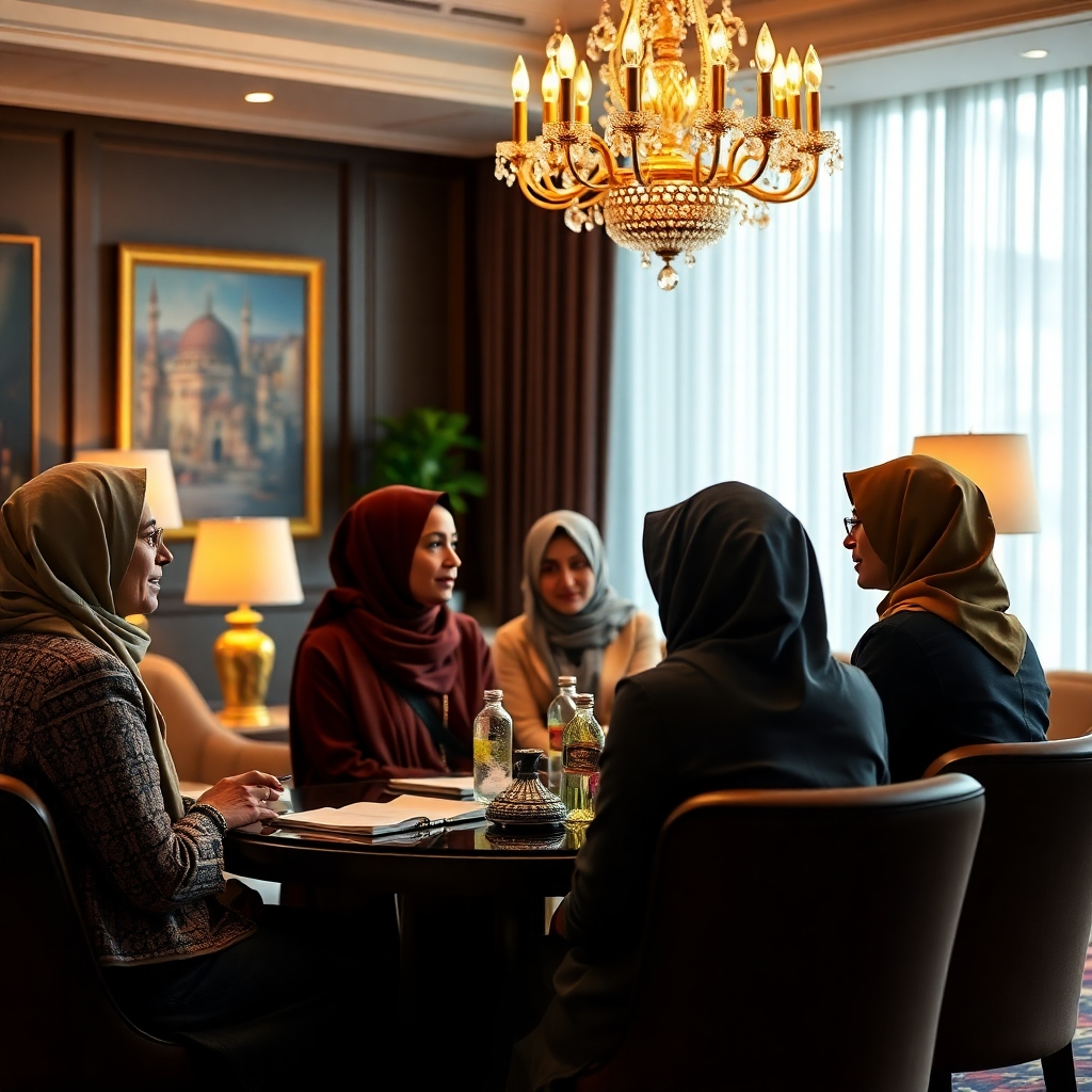 Create an image depicting a diverse group of investors in discussion about halal investments. The setting should be elegant, complemented by warm lighting and culturally significant decor. Details should reflect a respectful and professional atmosphere, symbolizing ethical decision-making in finance, all in a photorealistic manner.