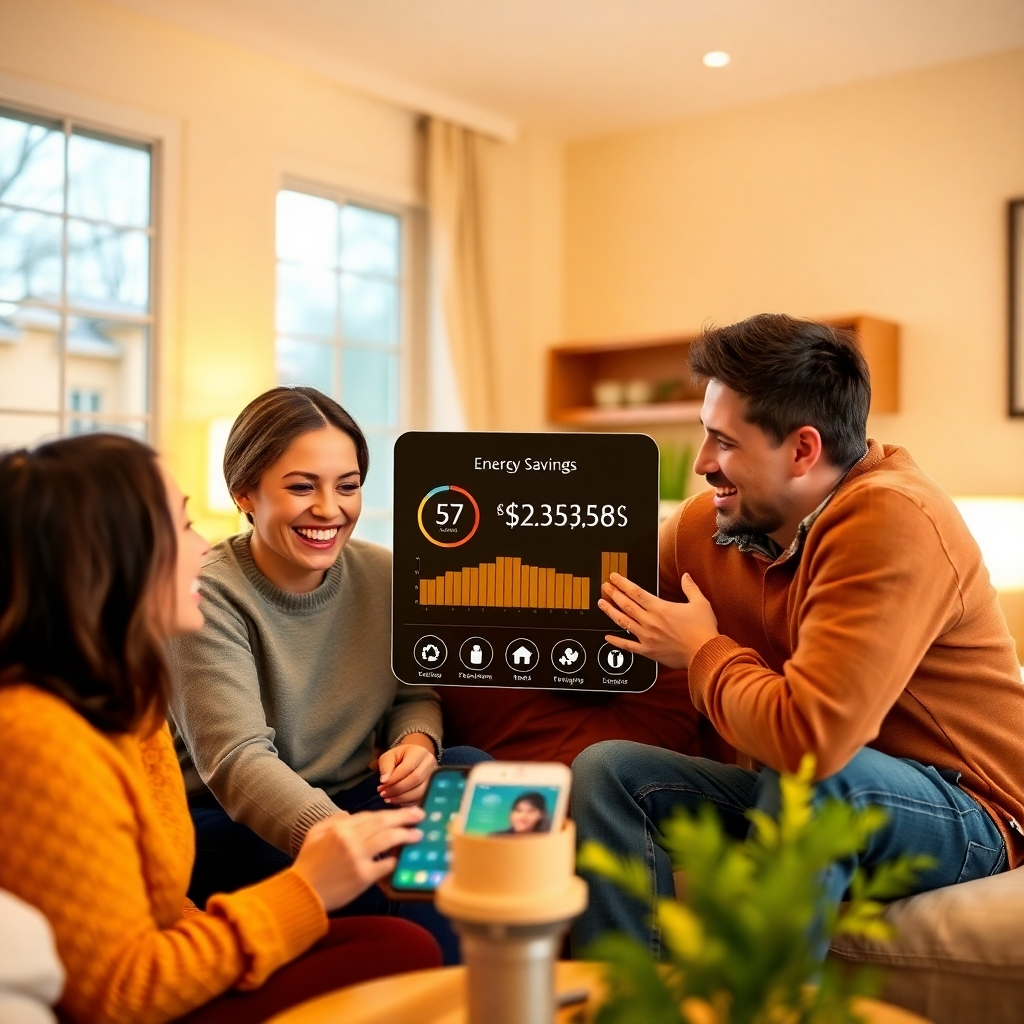 Create an image depicting a family happily gathered around a smart home interface showing their energy savings from using solar power. The scene should evoke a sense of warmth, family, and financial security. Use a color palette of warm yellows, oranges, and greens to convey comfort and sustainability. The camera angle should be a medium shot, capturing the family and the smart home interface. Focus on the emotions and expressions of the family. Style reference: Lifestyle photography with a focus on eco-friendly living. Environment includes a modern, energy-efficient home.