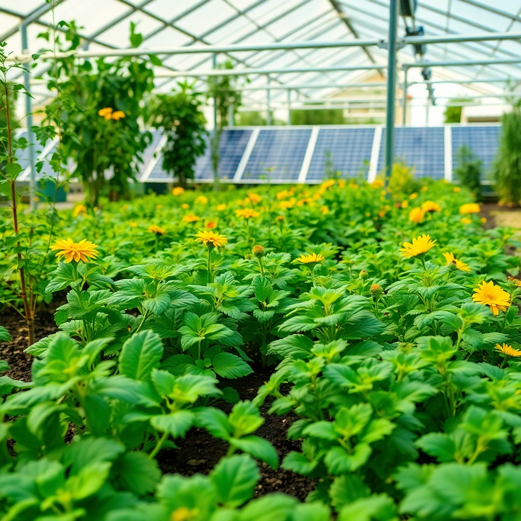 Create an image depicting a flourishing garden powered by solar energy. The scene should evoke a sense of abundance, growth, and sustainability. Use a color palette of greens, yellows, and blues to convey nature and energy. The camera angle should be a medium shot, capturing the garden and the solar panels. Focus on the vibrancy and health of the plants. Style reference: Environmental photography with a focus on sustainable agriculture. Environment includes a greenhouse or community garden.