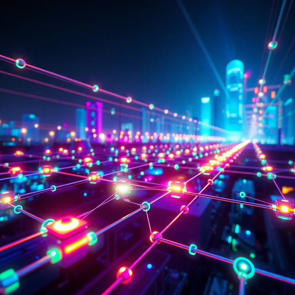 Create an image depicting a futuristic smart energy grid with glowing nodes and interconnected lines representing the flow of energy. The scene should evoke a sense of innovation, efficiency, and connectivity. Use a color palette of blues, purples, and greens to convey technology and sustainability. The camera angle should be a wide shot, capturing the entire grid. Focus on the dynamic and interconnected nature of the system. Style reference: Technology rendering with a focus on smart infrastructure. Environment includes a futuristic cityscape.