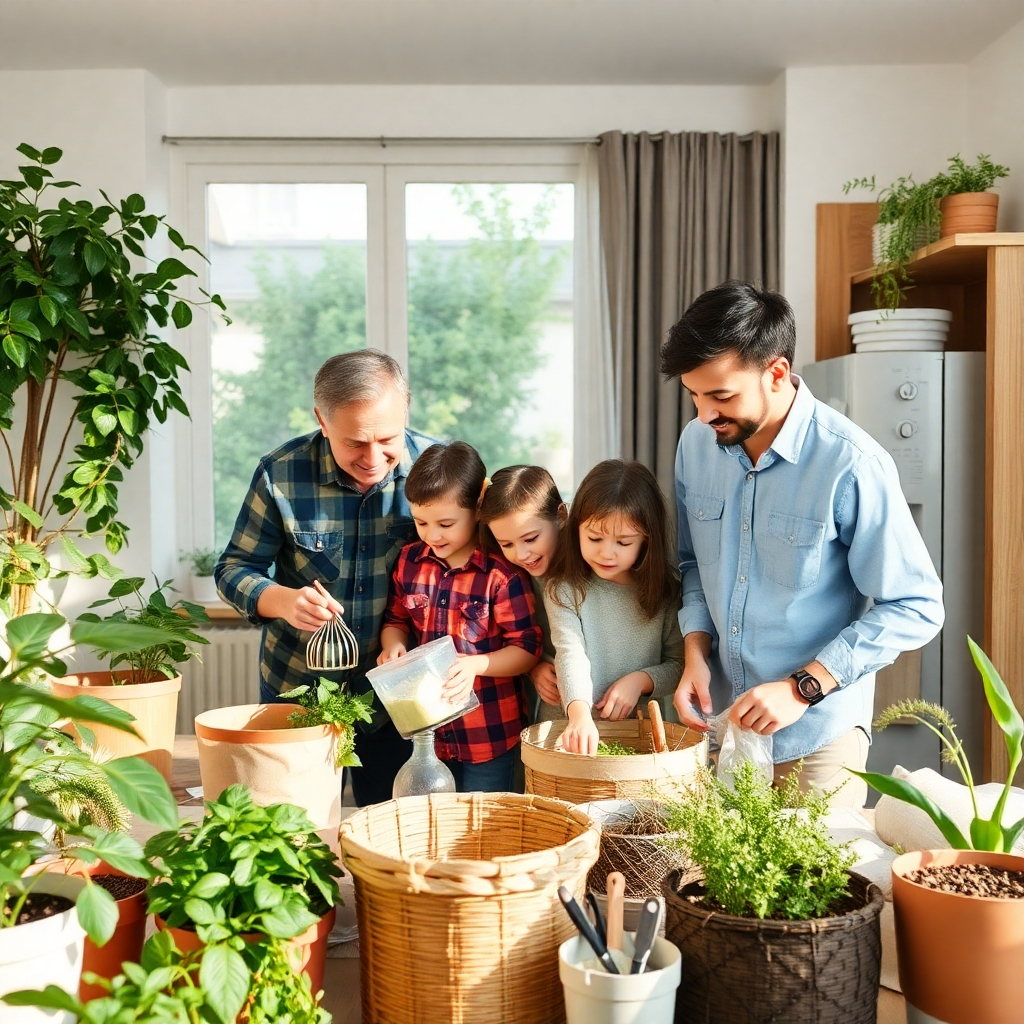 Create an image depicting a modern family engaging in various sustainable living practices, such as recycling, composting, and using energy-efficient appliances. The scene should evoke a sense of community, responsibility, and eco-consciousness. Use a color palette of greens, browns, and blues to convey nature and harmony. The camera angle should be a wide shot, capturing the family and their home. Focus on the different activities and their positive impact. Style reference: Lifestyle photography with a focus on sustainable living. Environment includes a modern, eco-friendly home.