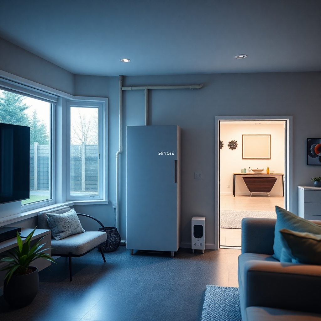 Create an image depicting a sleek, modern energy storage unit seamlessly integrated into a home. The scene should evoke a sense of reliability, security, and energy independence. Use a color palette of grays, blues, and greens to convey technology and sustainability. The camera angle should be a medium shot, capturing the storage unit and its surroundings. Focus on the clean lines and modern design. Style reference: Architectural photography with a focus on energy-efficient homes. Environment includes a modern living room or garage.