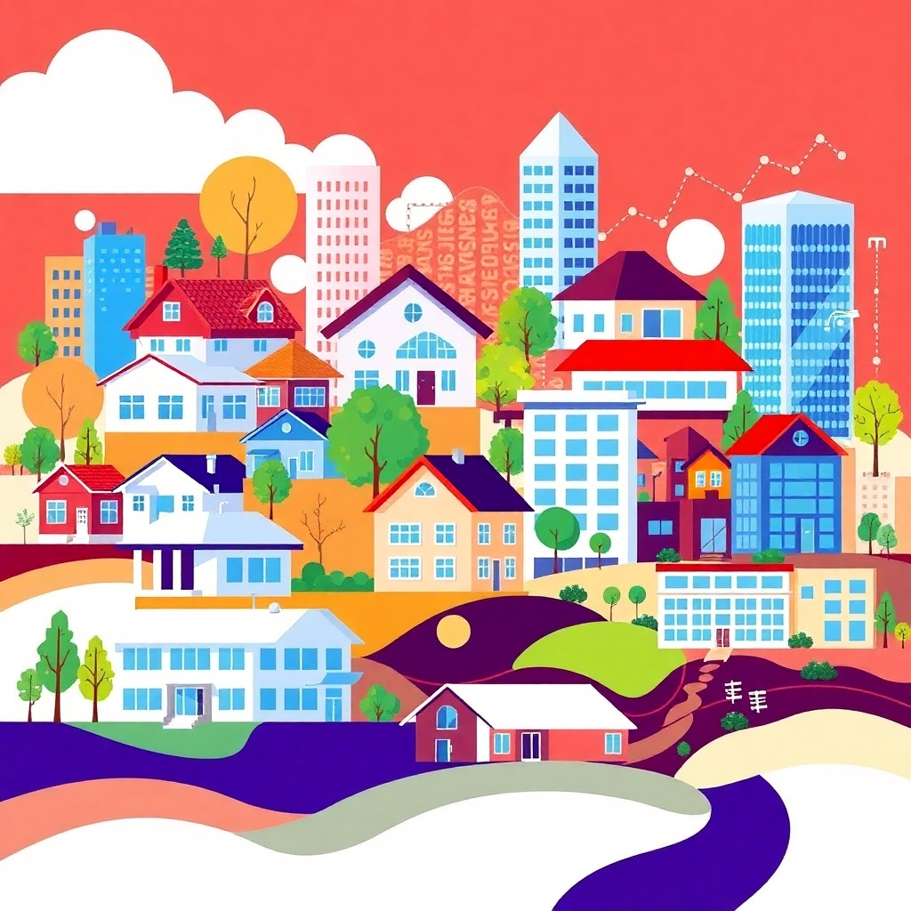 Create an image illustrating various forms of properties, like residential homes, commercial buildings, and undeveloped lands, in a stylized collage. Bright, contrasting colors should represent the diversity and range of investment opportunities available. The composition should include overlay graphics of charts and financial statistics, conveying the analytical aspects of investments. Make the image engaging and informative with high detail levels.