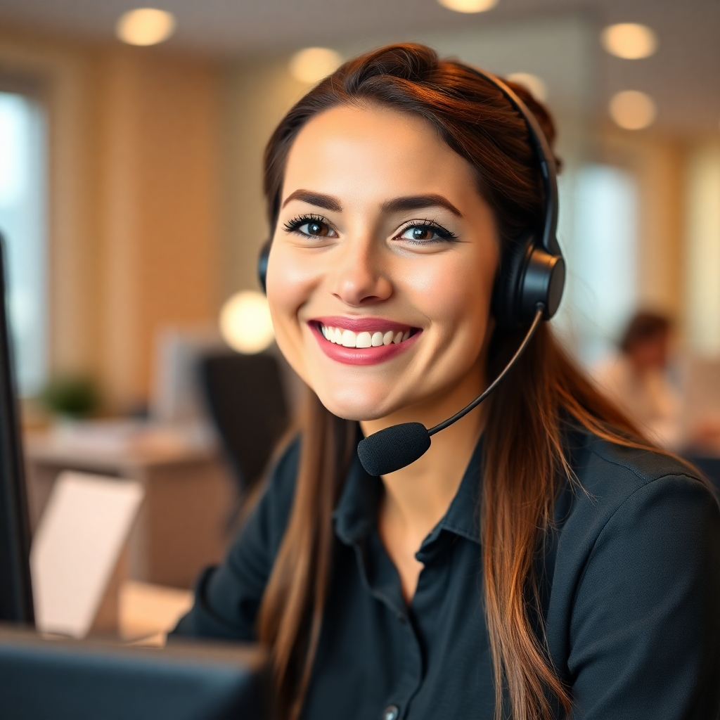 Create an image of a friendly customer service representative smiling and ready to assist with sustainable energy inquiries. Use a warm and inviting color palette with soft lighting to create a welcoming atmosphere. Composition: Medium shot focusing on the representative's face, with a blurred office background. Style: Professional yet approachable, like a stock photo but more genuine. Prop: a headset and a computer screen displaying the Safiia Energy Solutions logo.