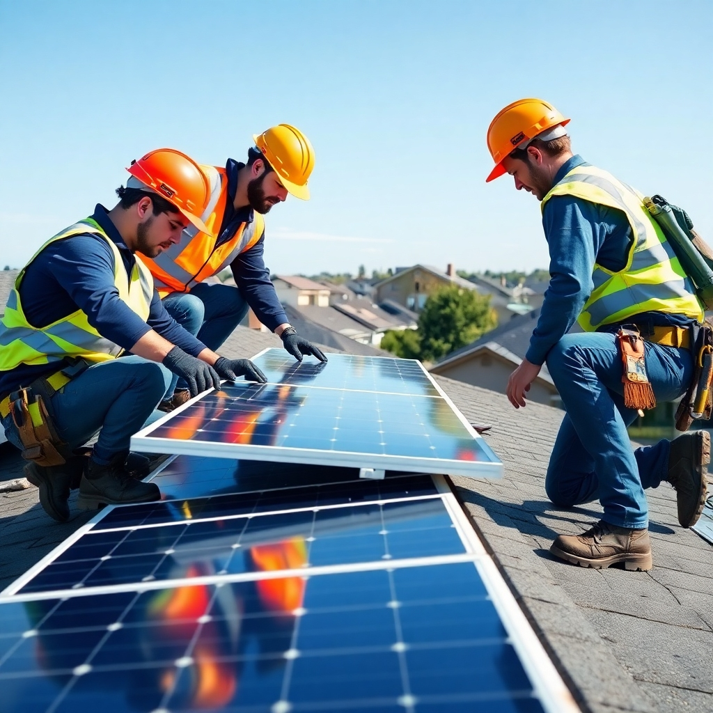 Create an image of a team of technicians installing solar panels on a rooftop. The technicians are wearing safety gear and are working with precision. The background should show a clear sky and a residential neighborhood. Style reference: Professional installation services. Focus on safety and expertise. Environment includes residential houses and clean skies. Relevant props include solar panels, safety helmets, tools, and a rooftop.