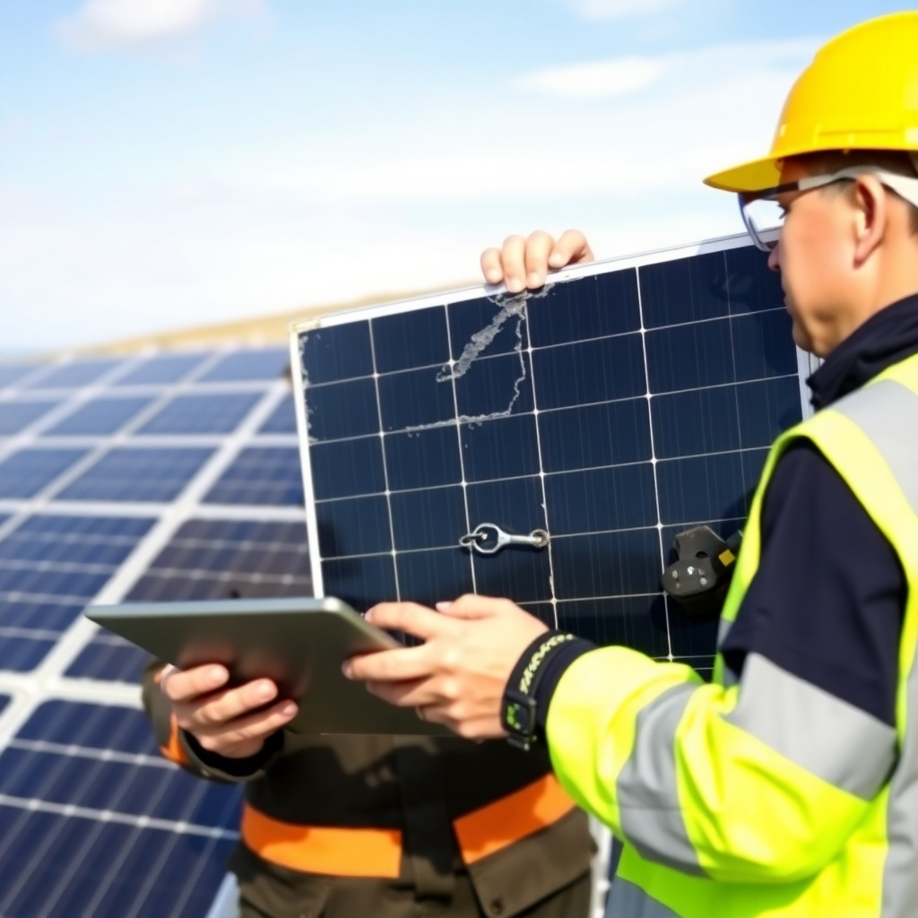 Create an image of a technician inspecting a damaged solar panel with a tablet in hand. The background should show a solar farm with rows of solar panels. Style reference: Maintenance and repair services. Focus on precision and technology. Environment includes a solar farm. Relevant props include damaged solar panel, tablet, tools, and safety glasses.