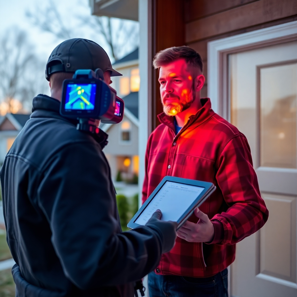 Create an image of an energy auditor using thermal imaging equipment to inspect a home. The image should highlight areas of energy loss. Style reference: Energy efficiency and home inspection. Focus on technology and analysis. Environment includes residential houses. Relevant props include thermal imaging camera, tablet, notepad, and a modern home.