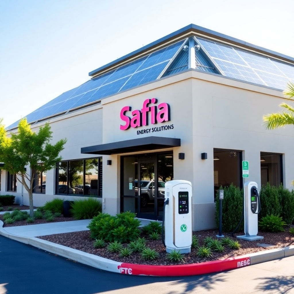 Create an image of the Safiia Energy Solutions office exterior, showcasing a modern building with solar panels on the roof. Include a sign with the company logo and lush landscaping around the entrance. Use a bright, sunny day for the lighting. Style: Architectural photography with a focus on sustainable design. Composition: Wide shot capturing the entire building and its surroundings. Props: Solar panels, company sign, landscaping, electric vehicle charging station.