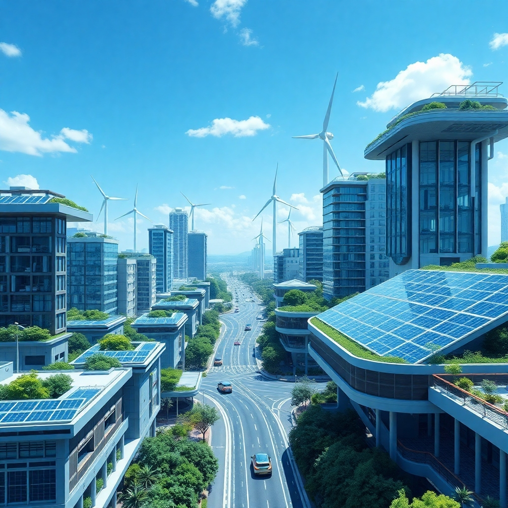 Create an image showcasing a futuristic cityscape powered entirely by renewable energy. Solar panels are seamlessly integrated into buildings, and wind turbines are gracefully turning in the background. The scene should evoke a sense of innovation and sustainability. Use a color palette of blues, greens, and silvers to convey a clean and modern feel. The camera angle should be a wide shot, capturing the entire cityscape. Focus on the harmony between technology and nature. Style reference: Futuristic architectural rendering with a focus on environmental sustainability. Environment includes flying electric vehicles and lush green spaces.