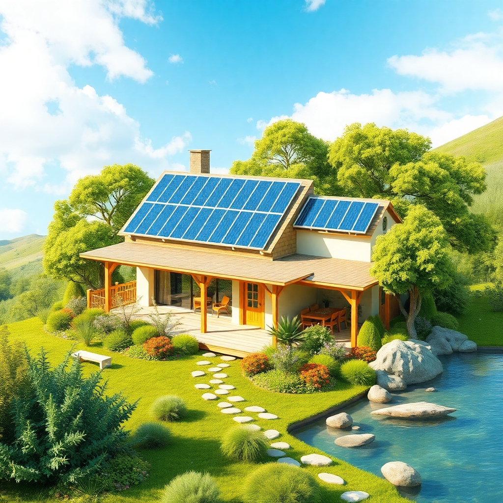 Create an image showcasing an eco-friendly home design utilizing solar panels and natural materials, set within a picturesque landscape. The surrounding nature should be lush and well-maintained, illustrating the concept of sustainable living. Aim for a bright and enticing color scheme that highlights the harmony between nature and construction.