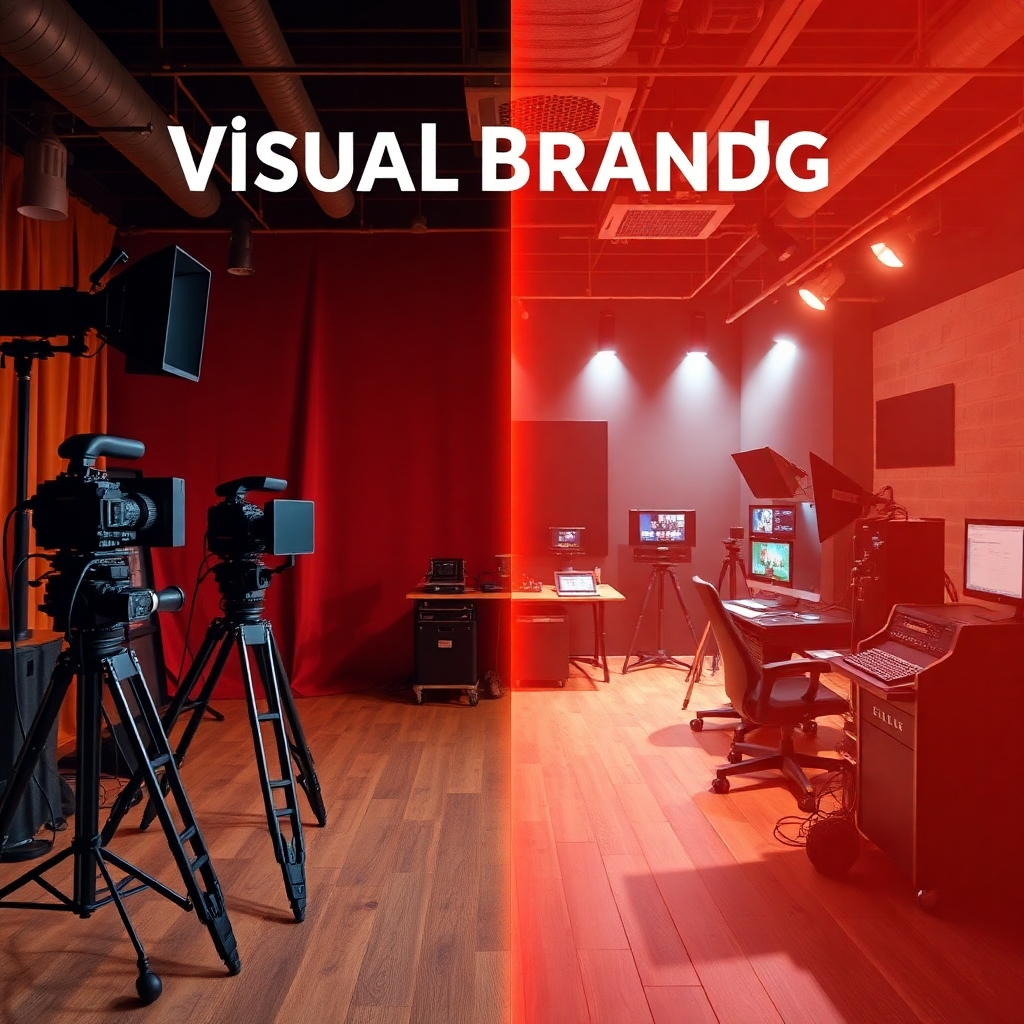 Create an image showcasing the advancement of visual branding through time. On one side, depict a vintage film set with classic equipment, transitioning into a modern editing booth filled with high-tech tools. The lighting should transition from warm tones to cool ones, illustrating the passage of time. Incorporate visual timelines or graphs in the background to emphasize evolution, all harmonized in a high-quality, stylized representation.
