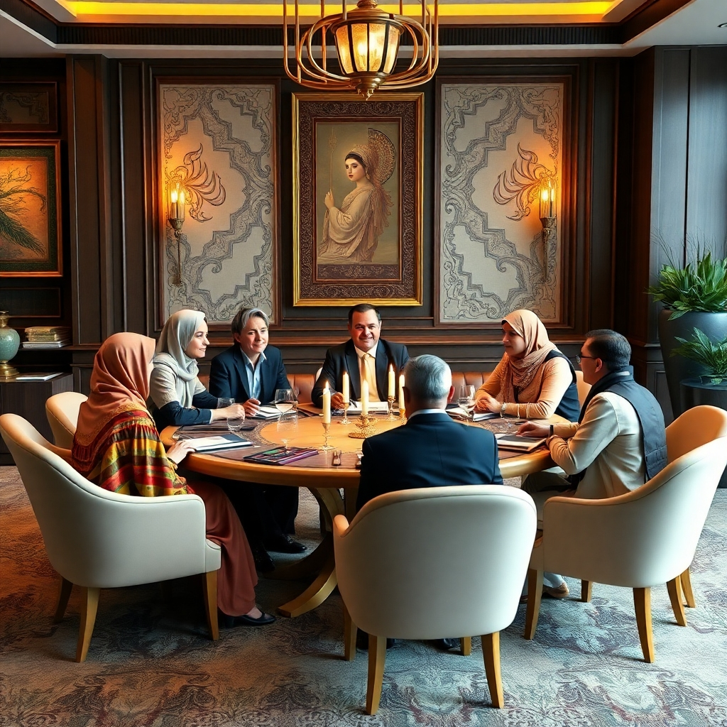 Create an image that displays a diverse group of investors discussing halal investment options at a round table. The setting should feature elegant decor with Islamic art pieces subtly integrated. Warm, soft lighting should enhance the welcoming atmosphere, while the color palette incorporates earth tones to reflect stability and tradition. The image should be photorealistic and captivating, making the concept of ethical finance appealing.