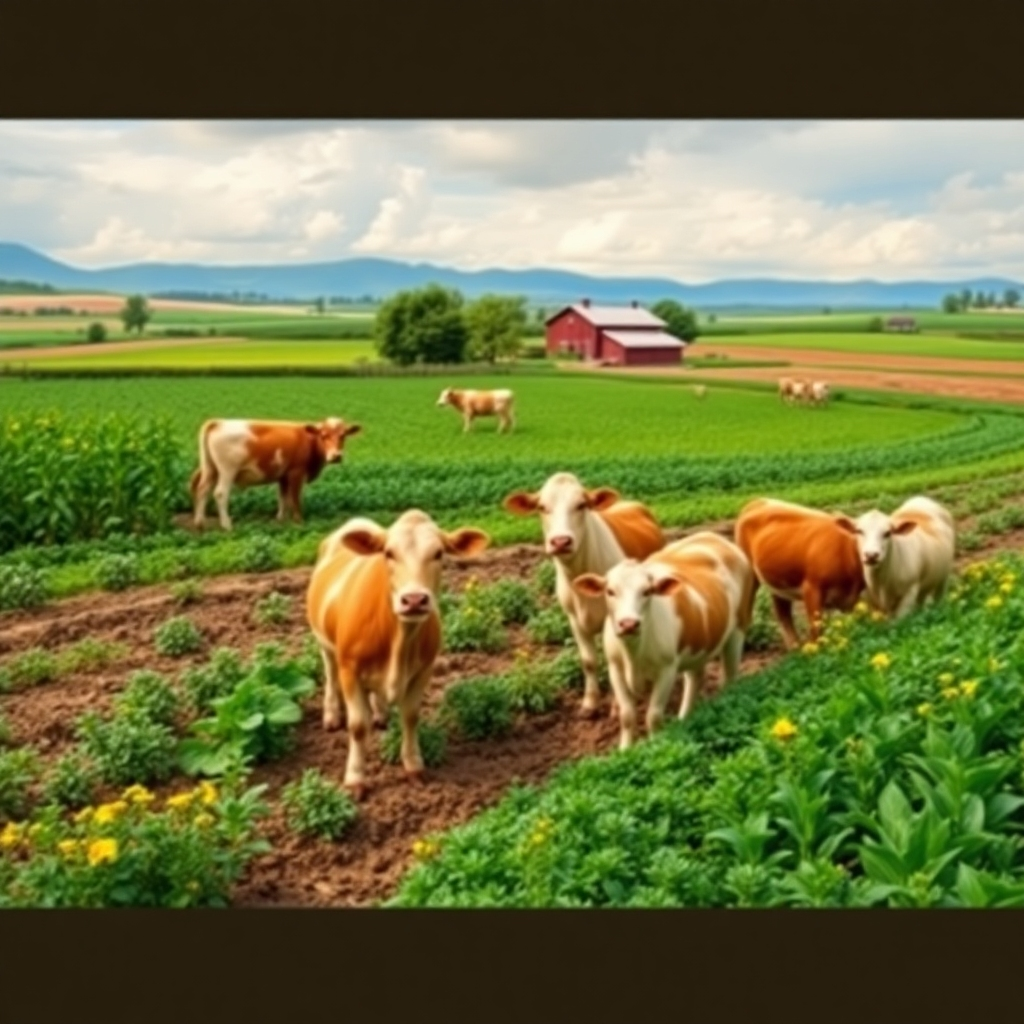 Depict a flourishing farm landscape where crops and livestock are thriving side-by-side. Show healthy plants, well-fed animals, and rich, fertile soil. The overall impression should be one of abundance and vitality. Style: A blend of naturalism and agricultural advertising. Technical specifications: High resolution, visually appealing.