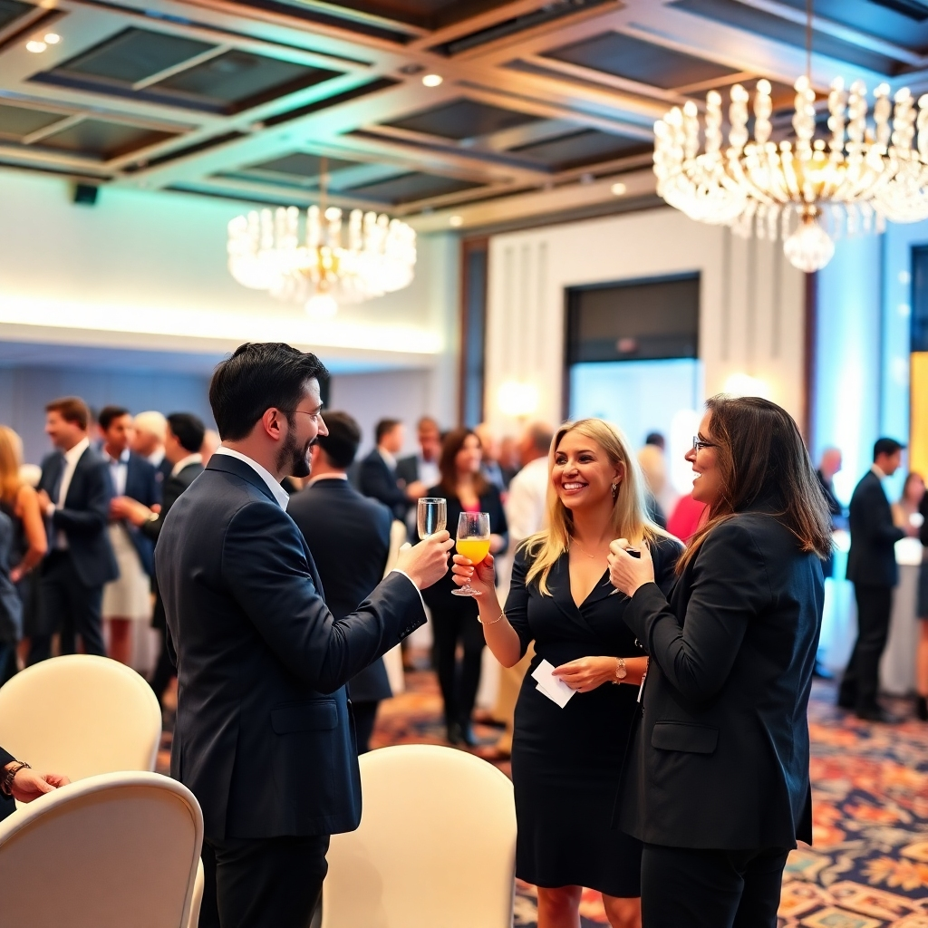 Depict a lively networking event where professionals are exchanging ideas in an elegantly decorated space. Bright ambient lighting should create an inviting atmosphere, enhancing interactions. Cheers and laughter among attendees can be captured alongside props like business cards and drinks, creating a sense of vibrant connection.