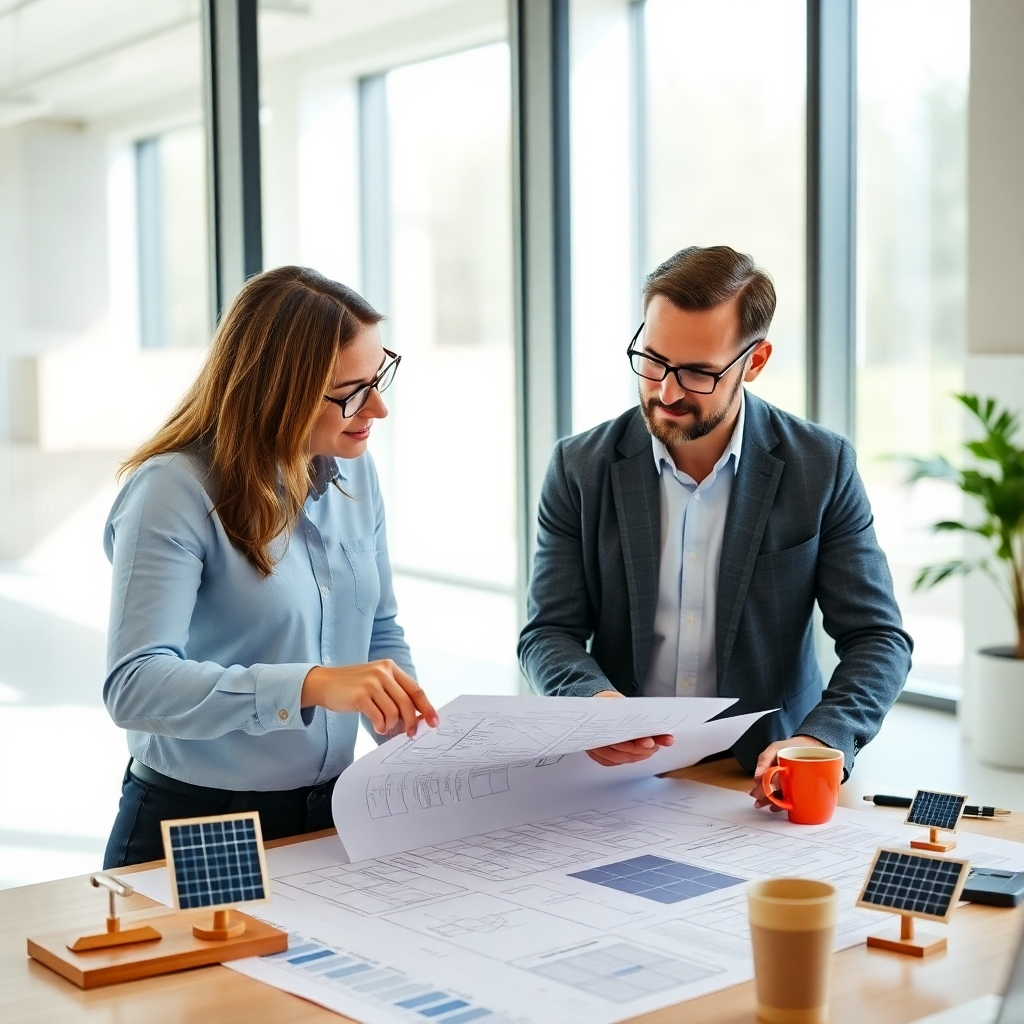 Depict a modern office setting with an energy consultant reviewing solar panel plans with a client, both looking engaged and collaborative. Natural lighting filters through large windows. Style: Clean, modern, professional. Composition: Medium shot capturing both individuals at a table with blueprints spread out. The consultant is pointing at a detail on the plans. Props: Blueprints, coffee cups, solar panel models.