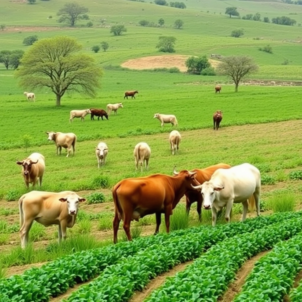 Depict a scene of ecological harmony on Safiias Farms. Show livestock grazing peacefully in pastures, naturally fertilizing the soil. Intermingle the livestock with rows of crops. Highlight the natural cycles and the interconnectedness of different elements. Style: A blend of naturalism and environmental advocacy. Technical specifications: High resolution, visually appealing.