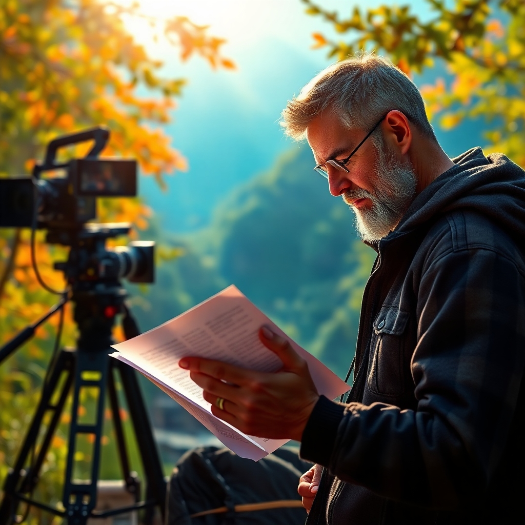 Design a captivating image showing a filmmaker reading a script on set surrounded by lush scenery. Focused sunlight should highlight the filmmaker’s expression, conveying passion. The background should blend vibrant colors of nature with strategic props such as cameras and lighting gear, enhancing the storytelling theme. The textures of the scenery should be vividly detailed to evoke inspiration.