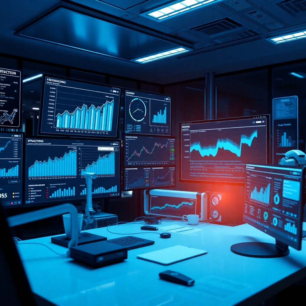 Design a dynamic workspace featuring AI financial tools displayed on multiple screens. Incorporate visuals of data analytics, graphs, and financial projections in a high-tech environment. The color palette should consist of cool blues and metallics, highlighting sophistication and cutting-edge technology. The image should be rendered in stunning detail.