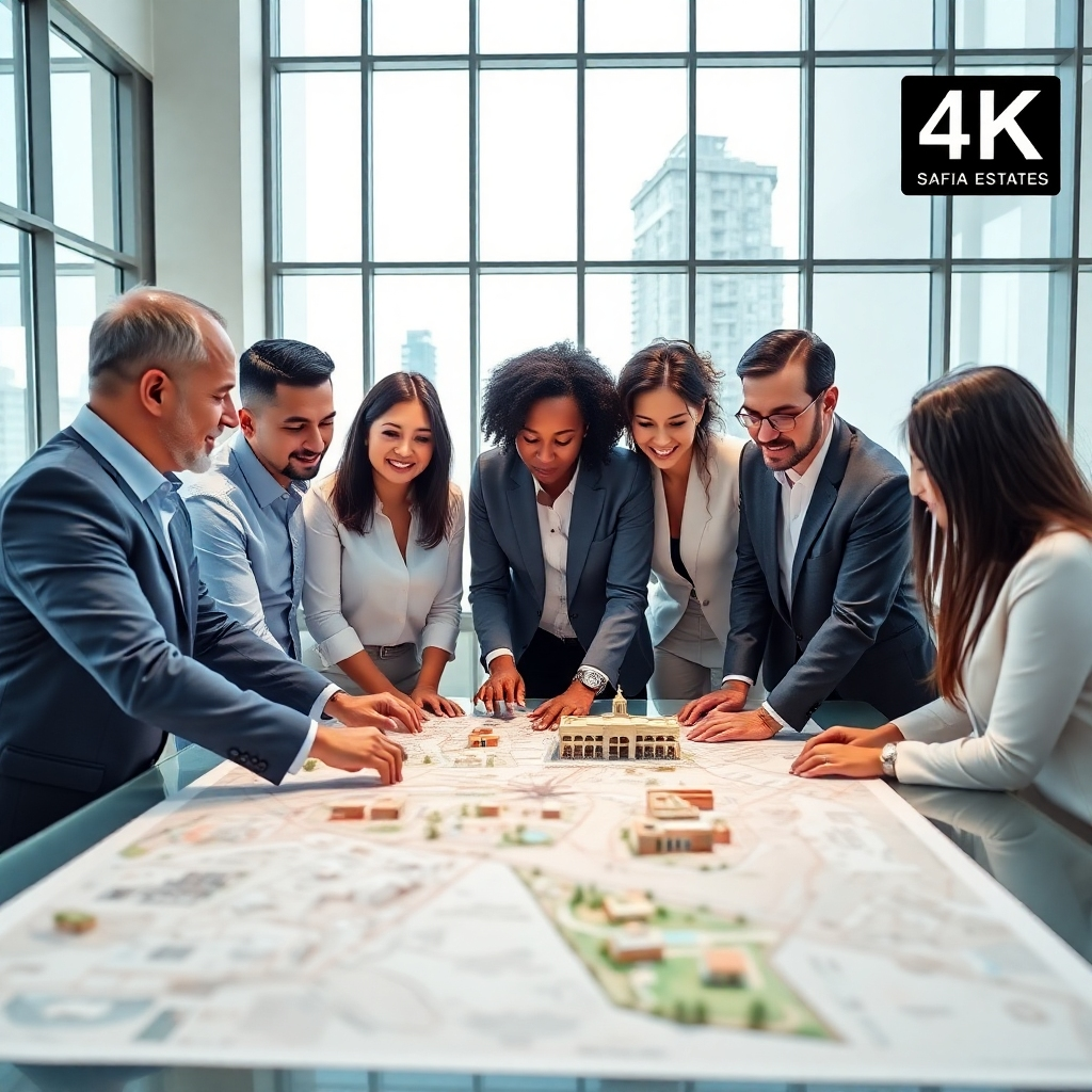 Design a photorealistic or stylized image that portrays the core mission of Safiia Estates. The image should depict a diverse team of professionals engaged in a strategic planning session, surrounded by architectural models and maps of various lands and properties. The setting should have a bright and inviting atmosphere with large windows letting natural light pour in. A color palette of soft blues and greens can be used to reflect trust and growth. The camera angle should ensure a clear view of both the team and the surrounding materials. The image should capture high detail and quality in 4K resolution, emphasizing collaboration and expertise in the real estate sector.