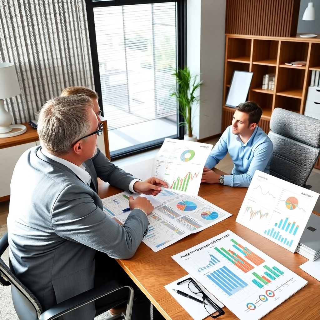 Design a professional image featuring a consultant sitting at a desk filled with property maps, market analysis reports, and a laptop. The consultant should look engaged, with a couple of clients in discussion. The office should be modern and well-lit, with strong attention to detail in the desktop elements, providing a realistic and inviting representation of consulting services.