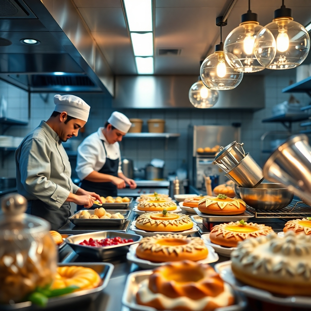 Design a restaurant kitchen buzzing with activity where chefs are creating halal baked goods. Include vibrant colors from the ingredients and fresh pastries on display, illuminated by soft, natural lighting enhancing the inviting atmosphere. The image should convey passion and the intersection of culinary art and investment opportunities, showcased in stunning detail.