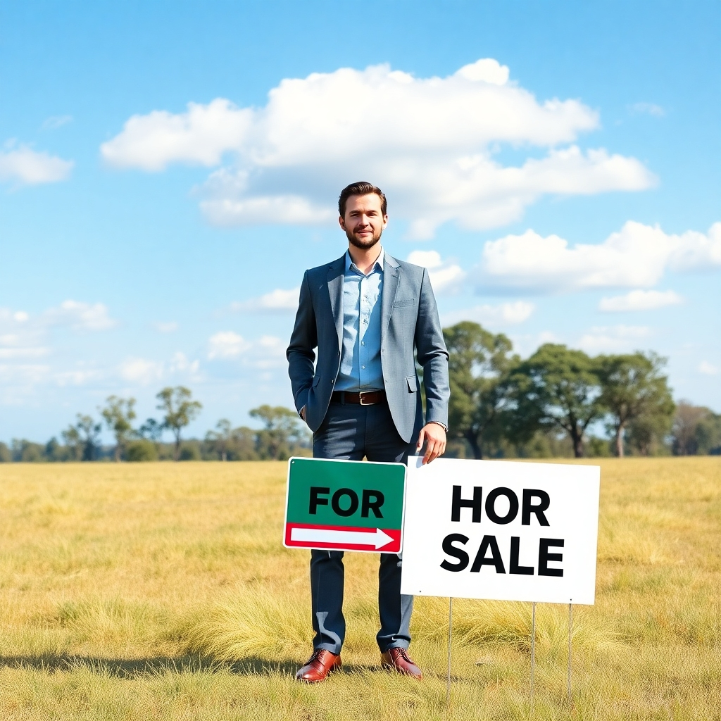 Design an inviting image of a real estate agent standing in front of a vast piece of undeveloped land, with a grab of lush grass and trees. The sky should be blue with a few clouds. The agent is holding a property sign that indicates 'For Sale', showcasing hope for future buyers. Utilize soft, natural colors to enhance the feeling of opportunity. The image should have high clarity and detail.