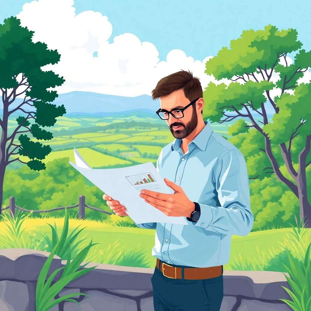 Develop an illustration of a successful investor reviewing plans and reports in a scenic outdoor setting, bringing in elements of nature with viewable land in the background. The colors should be vibrant, with greens and blues that evoke success and prosperity. Capturing the moment with a focus on the investor and their materials will reflect a proactive approach to property investment.