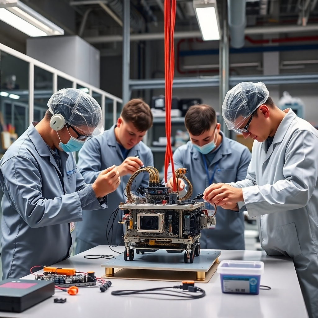 Engineers working on a prototype of a new technology in a laboratory setting. The scene is focused on the hands-on process of building and testing. Technical specifications: 8K resolution, photorealistic.
