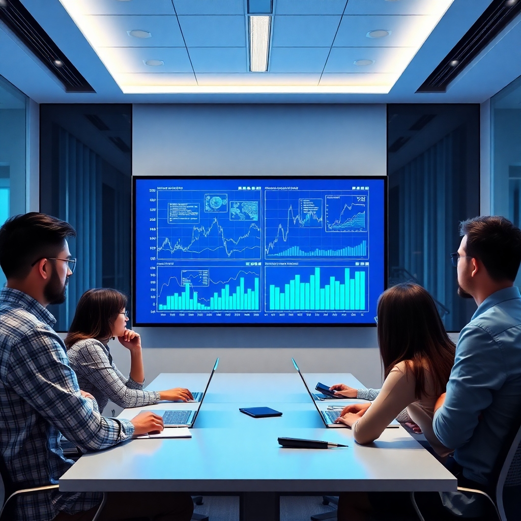 Envision an office with a wall-mounted screen showing dynamic graphs and AI algorithms in action as a team collaborates. Use bright and stimulating lighting with a palette of blue and white to signify clarity and innovation. The image should emphasize technology and collaboration, presenting a modern workspace that epitomizes the future of financial strategies in a realistic manner.