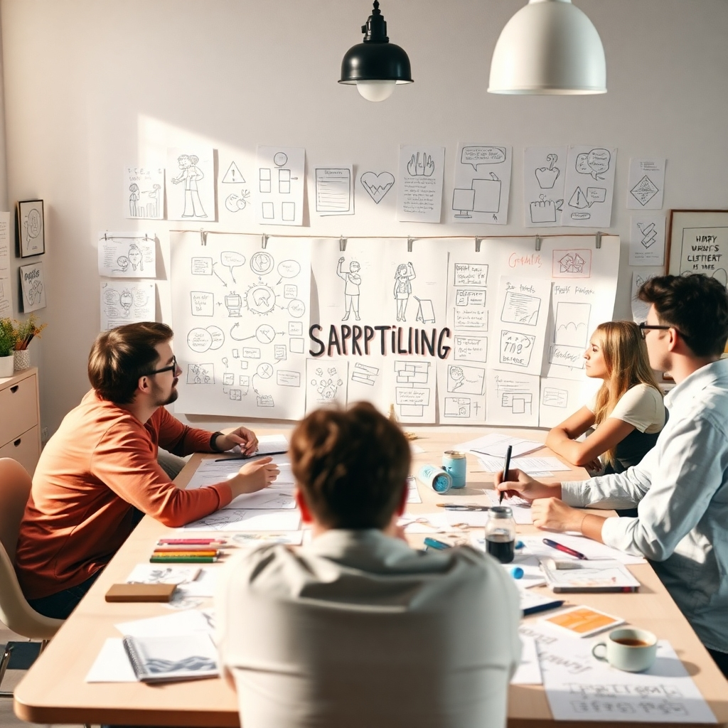 Frame an image showcasing a storytelling workshop where creatives brainstorm ideas around a large table, filled with sketches and notes. The lighting should be bright yet soft to promote an inspiring mood. Background elements like storyboards and visual aids should be scattered around, emphasizing collaborative and creative brainstorming. Capture the dynamics of teamwork in storytelling.