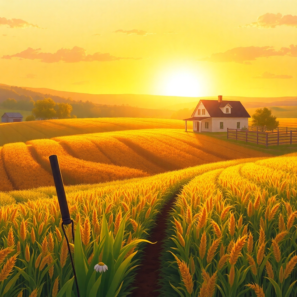 Illustrate a vibrant farm landscape with fields of crops and a beautiful farmhouse in the distance. The golden hour light should cast a warm glow over the scene, highlighting textures in the crops and buildings. Include farming tools or equipment in the foreground to represent the hard work that goes into maintaining farmland. The composition should evoke a sense of beauty and abundance, rendered in high resolution.