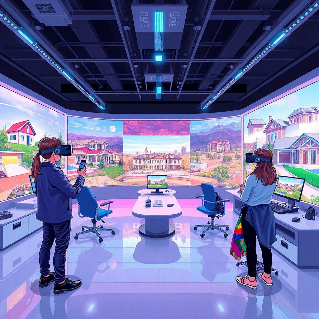 Illustrate an advanced technological real estate office featuring virtual reality setups, where clients are viewing properties. The environment should be modern and sleek, with vibrant displays of properties around the room, showcasing futuristic tools available to clients. Utilize creative lighting and saturated colors to reflect innovation.