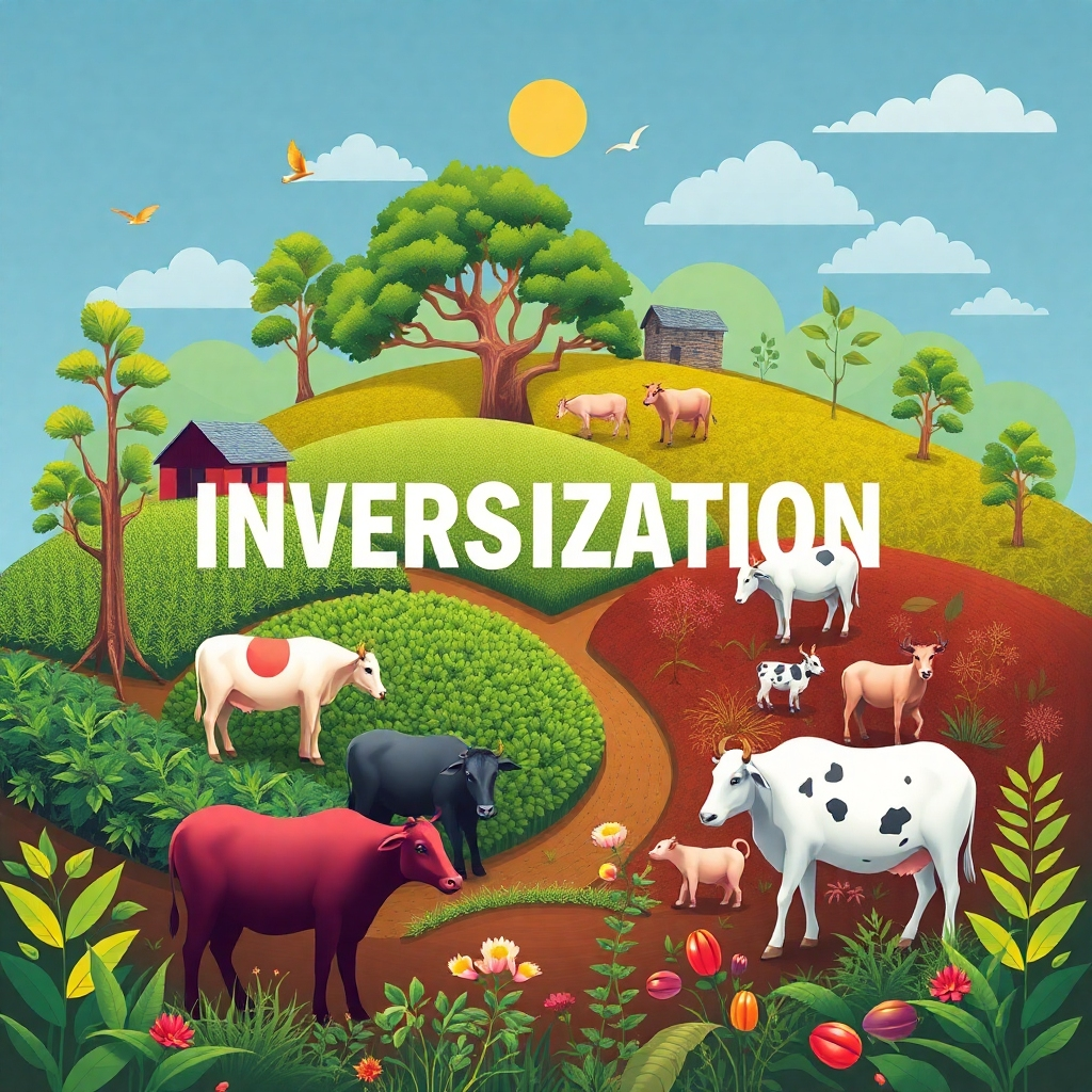 Illustrate the concept of diversification through a visually compelling image. Depict a thriving farm ecosystem where different elements – cash crops, tea bushes, coffee trees, and livestock – are interwoven and interdependent. Use a vibrant color palette to showcase the variety of life. The composition should emphasize the harmonious balance between different elements. Style: A blend of naturalism and symbolic imagery. Technical specifications: High resolution, visually appealing.