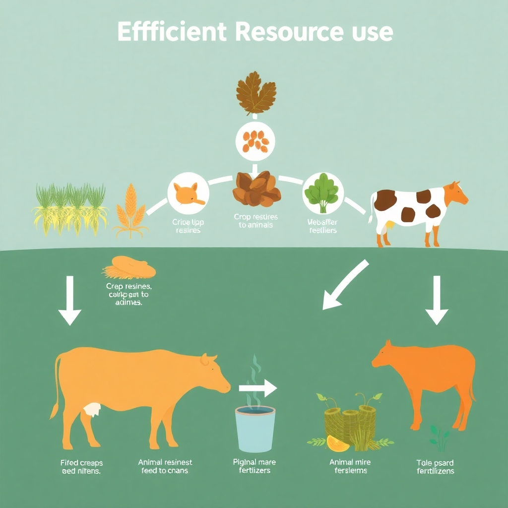 Illustrate the concept of efficient resource use through a diagram or infographic-style image. Show the flow of resources between crops and livestock. Include details such as crop residues being fed to animals, and animal manure being used as fertilizer. Style: A blend of scientific illustration and visual communication. Technical specifications: High resolution, clear and informative.