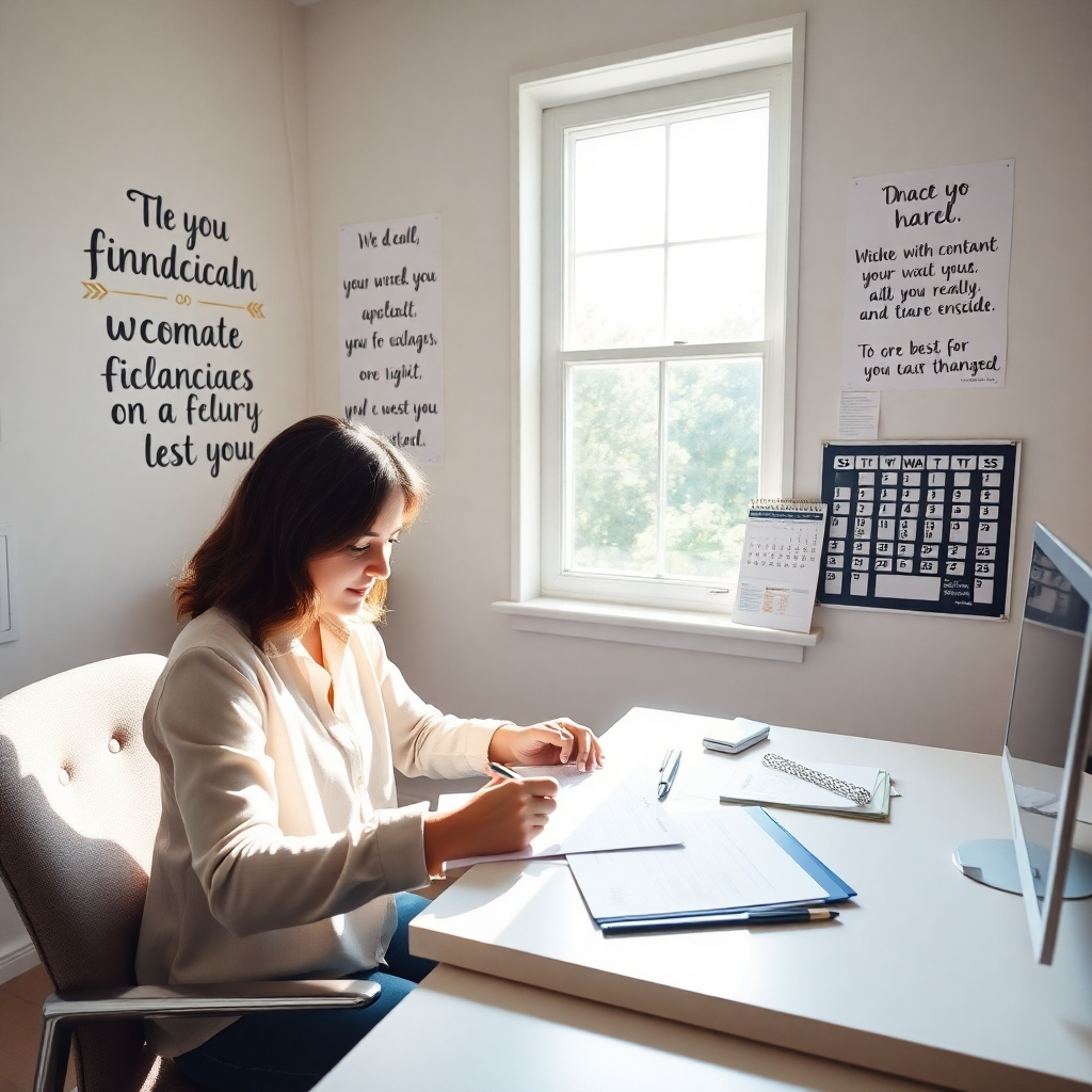 Imagery of a person working on a financial plan while seated at a desk with inspirational quotes on the wall. Natural light streaming in from a window should create a productive and positive atmosphere. Incorporate elements like a vision board and a calendar to symbolize personal growth and future aspirations, rendered beautifully in high-quality visuals.