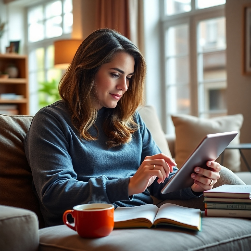 Imagine a cozy home environment where an individual is engaged in planning their finances using a tablet. The scene should feature a comfortable, well-lit living area with natural light filtering in, and elements like a cup of coffee and financial books nearby, suggesting a personal and relaxed approach to financial management. The colors should be warm and inviting, creating a sense of tranquility in focus, captured in high-quality detail.