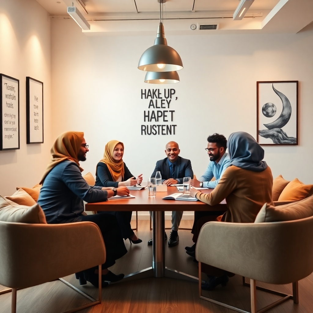 Imagine a diverse group of entrepreneurs discussing halal investment opportunities around a stylish conference table. The room should have an inviting atmosphere, adorned with motivational art and relaxed seating. Bright lighting and a warm color palette of earth tones will help convey a feeling of collaboration and creativity. Ensure the scene captures the essence of entrepreneurship in a high-quality rendered image.