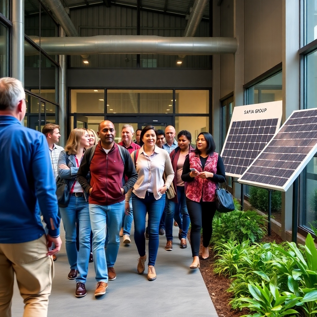 Imagine a guided tour group walking through Safiia Group's headquarters, observing and learning about sustainable technologies and practices. The group includes diverse individuals, and the tour guide is pointing out key features of the facility. Style: Educational and informative tour. Composition: Medium shot following the tour group as they walk through the building. Props: Tour guide, group of people, solar panel display, and sustainable landscaping.