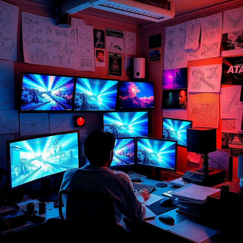 Imagine a scene where a visual effects artist works on a computer, with multiple screens displaying stunning visual effects in progress. The workspace should be filled with sketches and storyboards on the walls, creating a creative chaos. Use vibrant colors from the effects on the screens to enhance the atmosphere. The image should convey innovation and creativity, highlighting the importance of effects in enhancing visual storytelling.