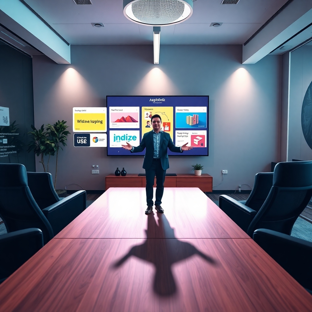 Imagine a striking image of a brand strategist showcasing different visual identities on a large screen in a stylish conference room. The lighting should be bright and focused on the screen, casting interesting shadows. The room should feature modern furnishings and branding elements, with a vibrant color palette that communicates creativity. The angle should be a front-facing shot to emphasize the engagement with the content. The image should evoke feelings of inspiration and professionalism.