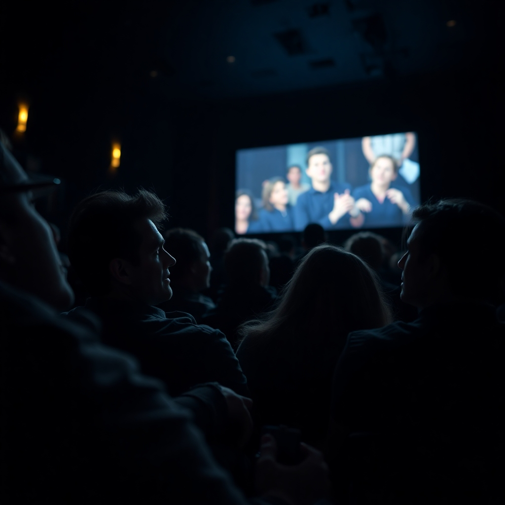 Imagine an evocative image of an audience captivated by a film in a dark theater. The screen should cast a glow on the viewers’ faces, illustrating their deep connection to the story. Focus on various reactions captured in their expressions. This environment should be rich with contrast, invoking emotional understanding of the film's branding impact. Aim for a cinematic and immersive feel.