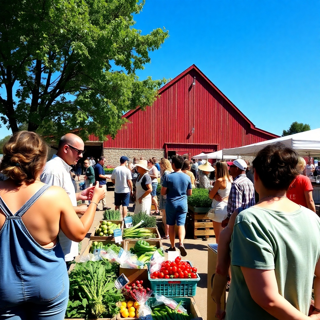 People enjoy the farm on a sunny day during a farmers market