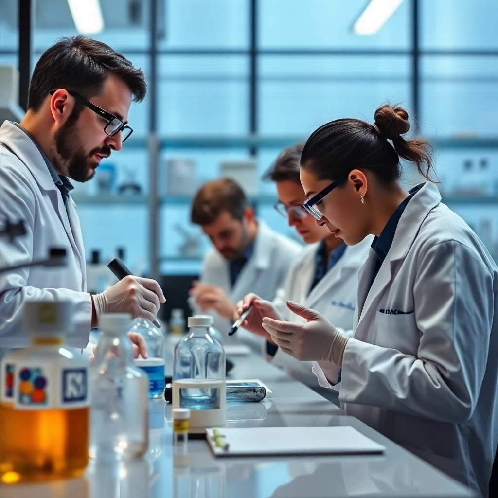 Researchers conducting experiments in a modern laboratory setting. Focus on the scientific process and the pursuit of knowledge. Technical specifications: 8K resolution, photorealistic.