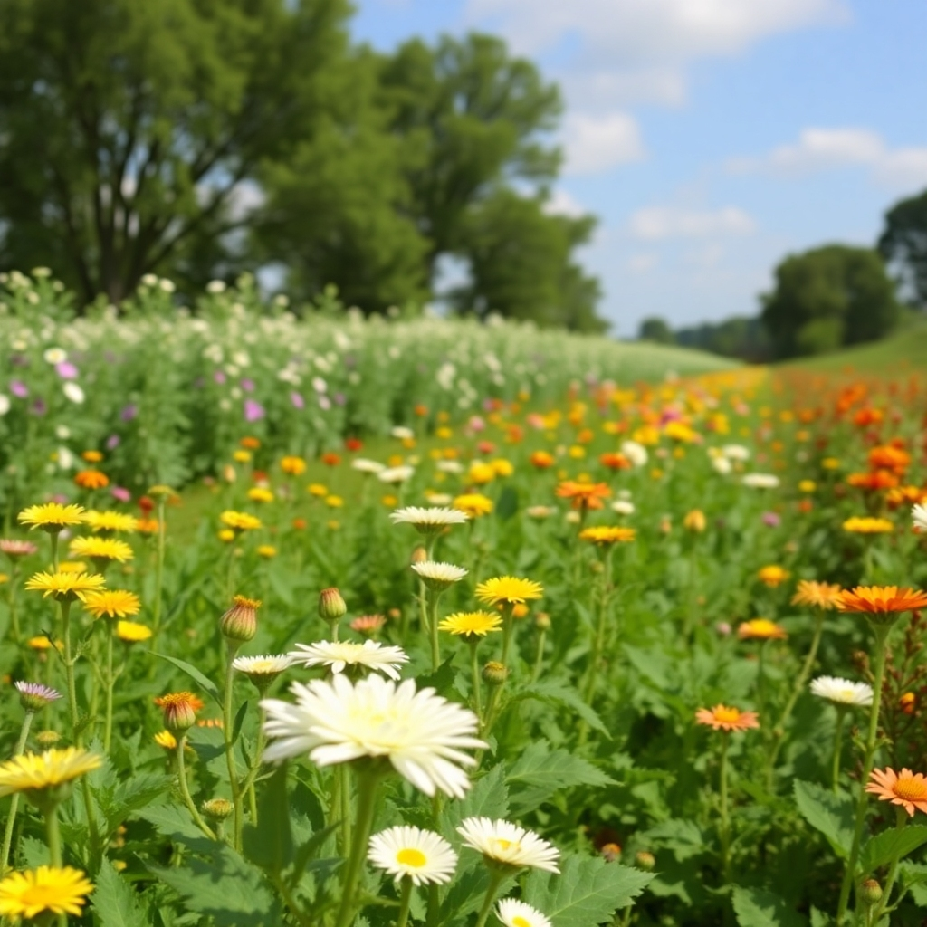 Show a field with varied crops blooming, using intercropping or rotation to show sustainability.