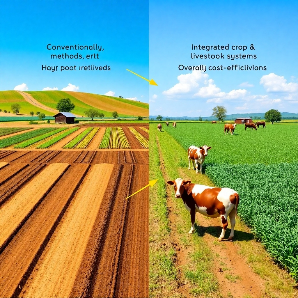 Show a side-by-side comparison of two farming scenarios: one using conventional, high-input methods, and the other using integrated crop and livestock systems. Highlight the differences in resource consumption, environmental impact, and overall cost-effectiveness. Style: A blend of comparative illustration and visual persuasion. Technical specifications: High resolution, visually appealing.